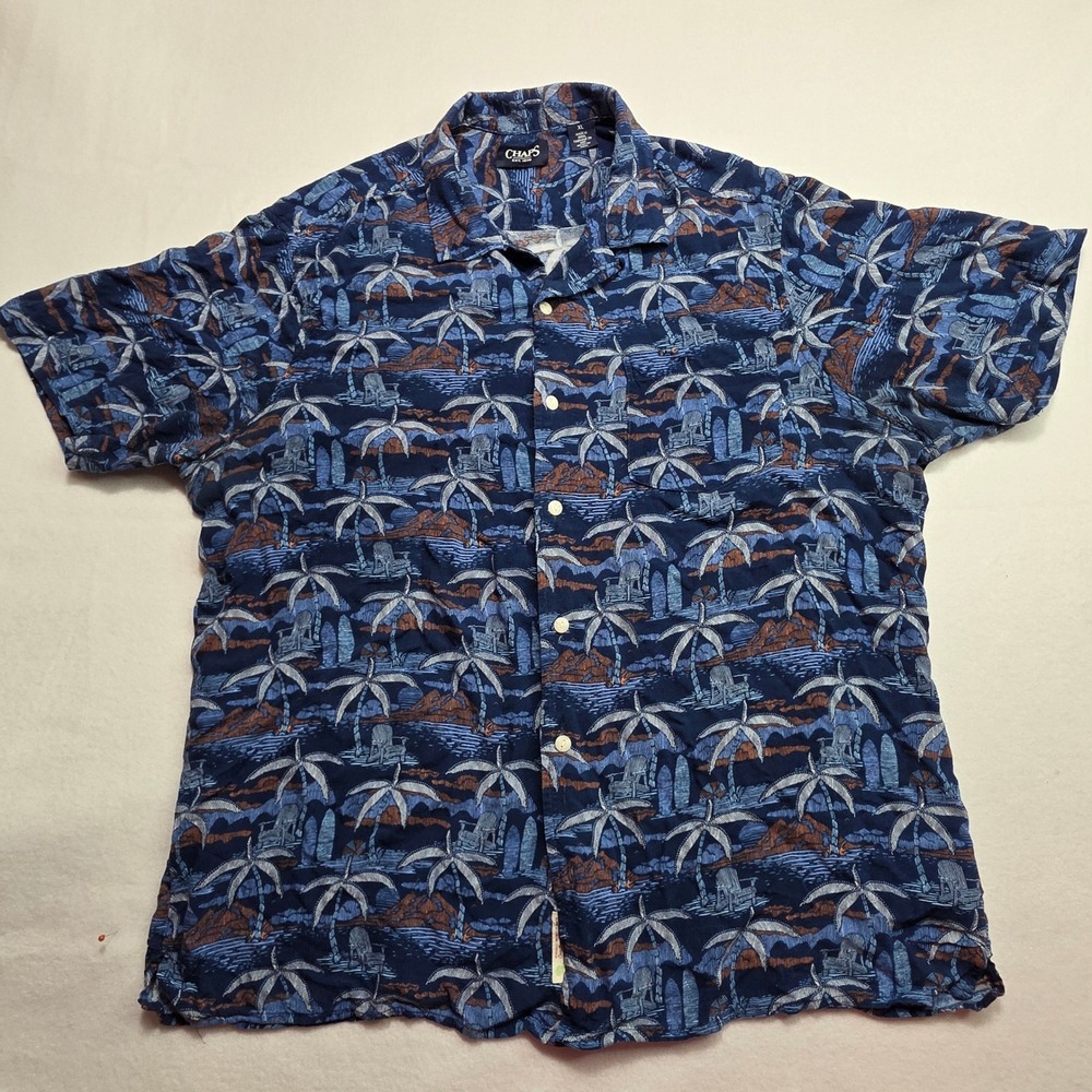 Chaps Mens XL Blue Rayon Tropical Palm Tree Surfboard Button Down Shirt CM23SW23